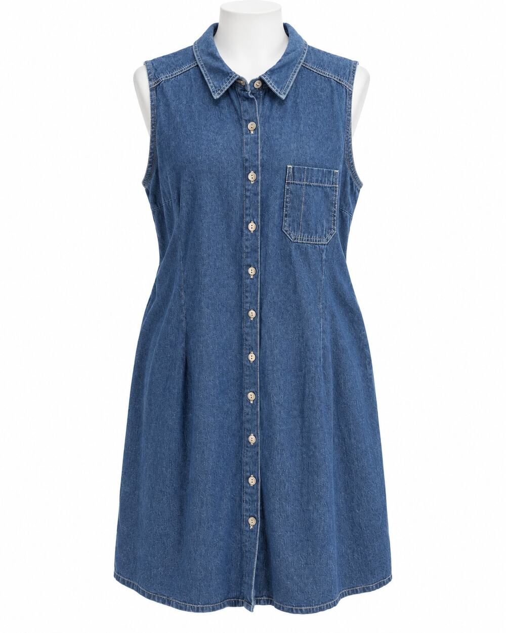 Vintage Faded Glory Dark Wash Denim Button Front Shirt Dress 90s Cottage Casual